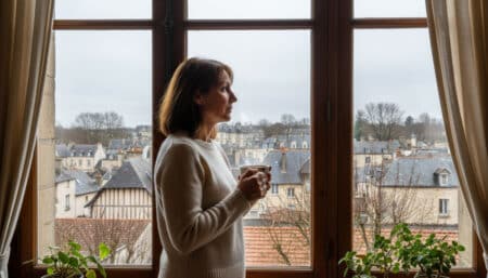 Femme regardant le ciel gris depuis sa fenêtre un lundi matin