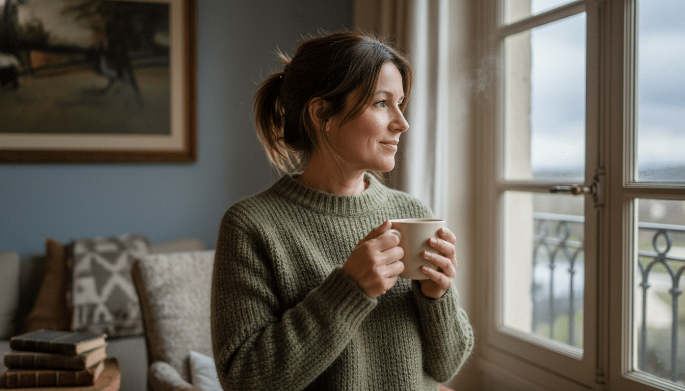 Femme regardant un ciel nuageux avec un café chaud