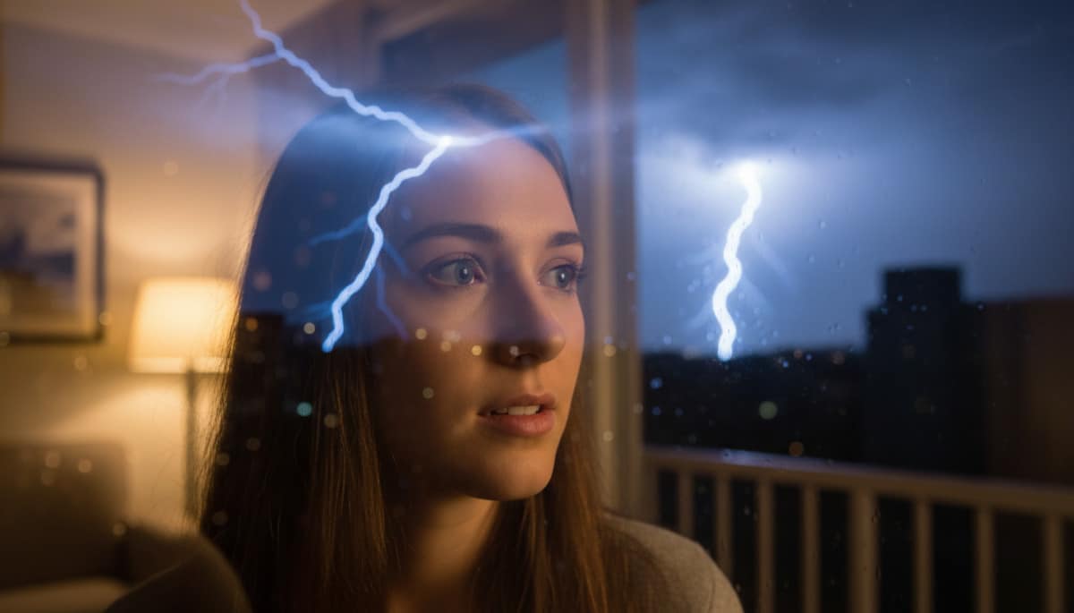 Femme regardant un orage avec éclairs depuis sa fenêtre