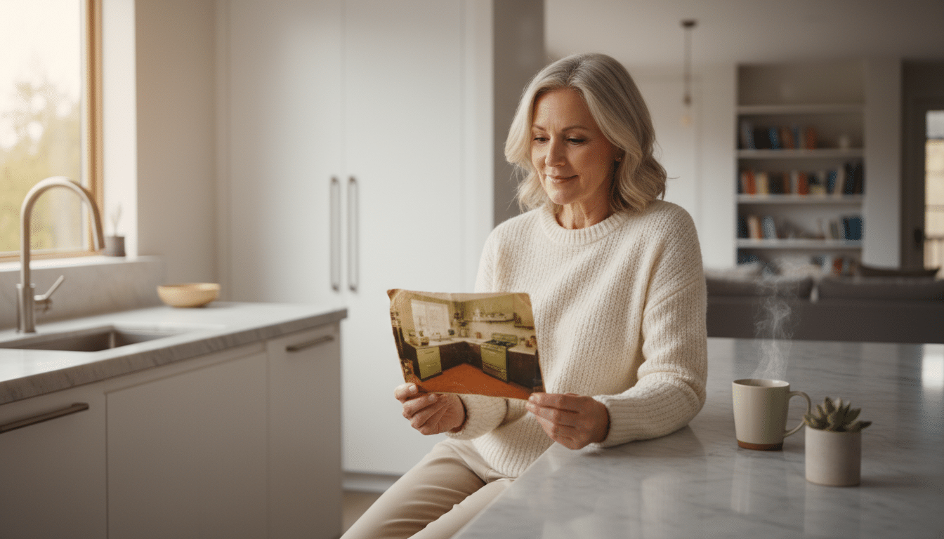 Femme regardant une ancienne photo de cuisine, nostalgie