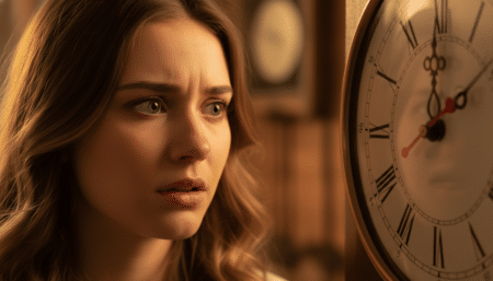 Femme regardant une horloge avec étonnement