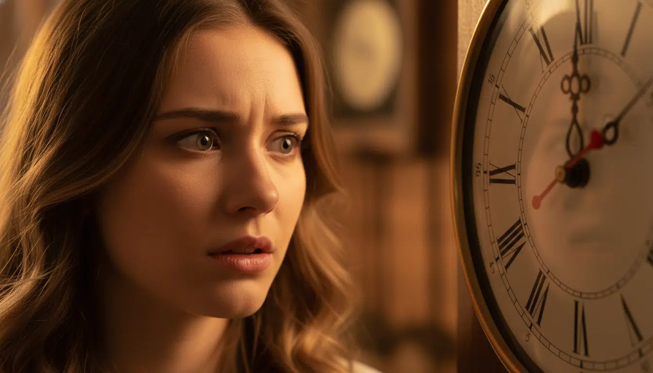 Femme regardant une horloge avec étonnement