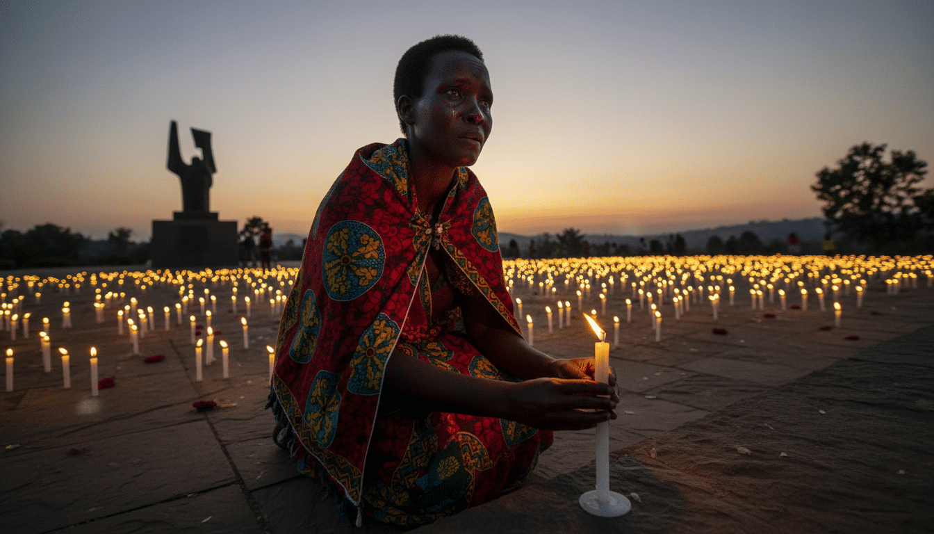 Femme rwandaise allume une bougie en mémoire des victimes