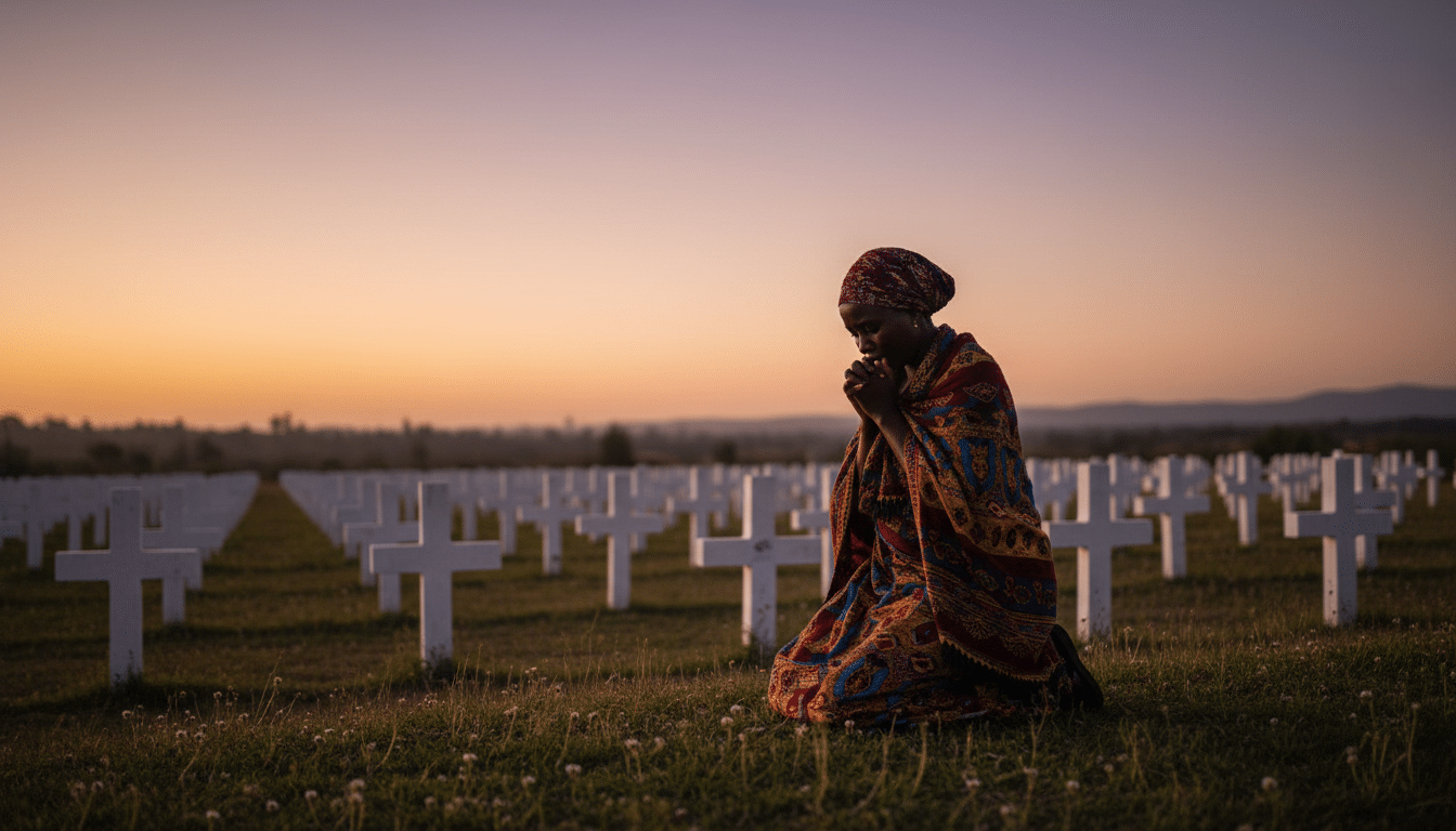 Femme rwandaise en deuil devant des croix mémorielles