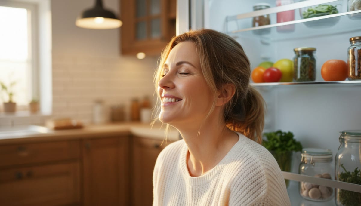 Femme satisfaite qui sent l'intérieur de son frigo