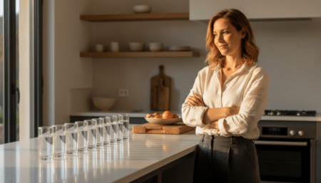 Femme sceptique devant 8 verres d'eau alignés