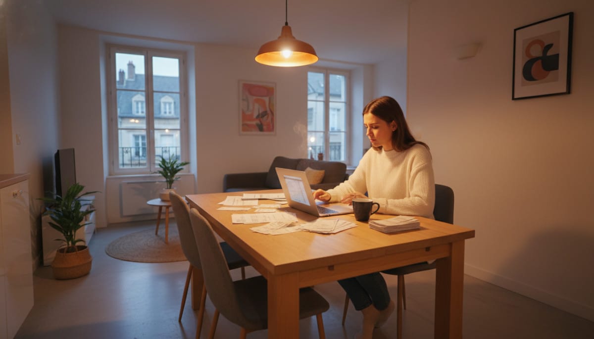 Femme seule révisant son budget mensuel appartement Dijon