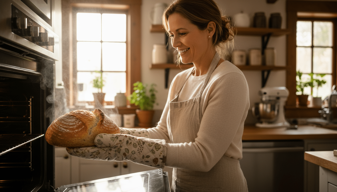 femme sortant un pain doré et croustillant du four