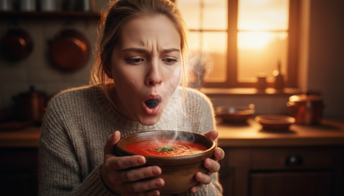 Femme soufflant sur un bol de soupe chaude