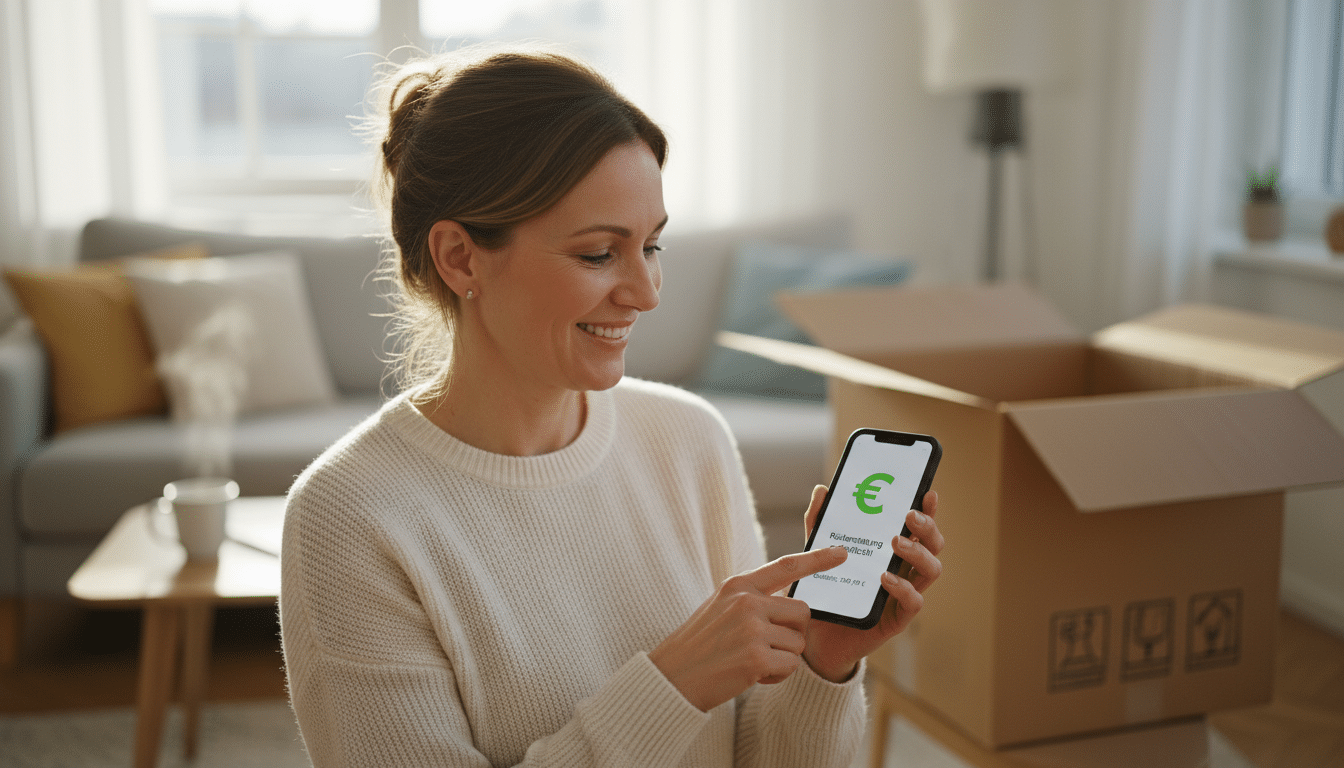 Femme soulagée recevant remboursement sur téléphone