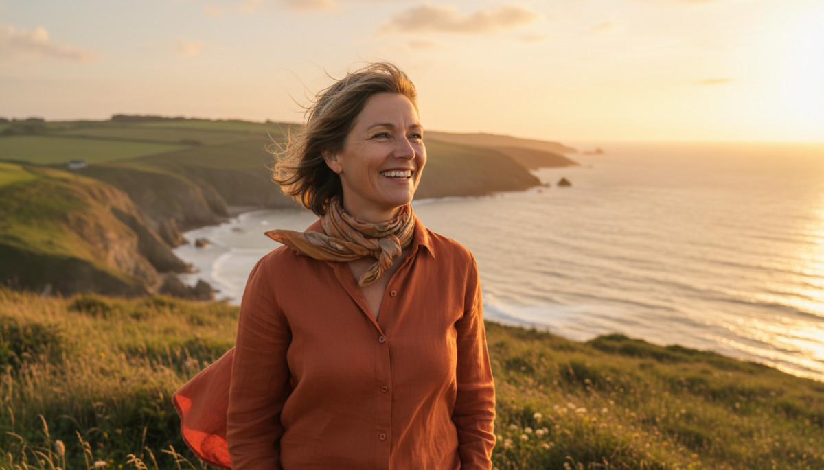 Femme souriante au soleil sur la côte atlantique française