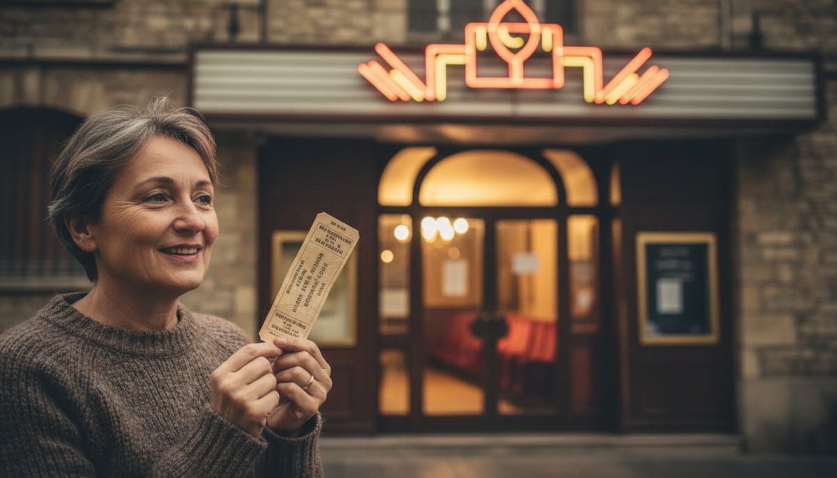 Femme souriante avec un vieux ticket de cinéma.