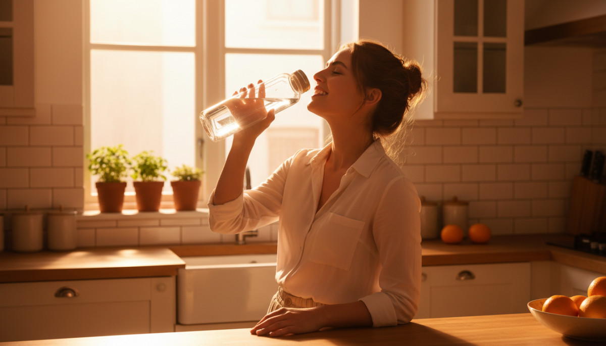 femme souriante buvant dans une gourde propre et sans odeur