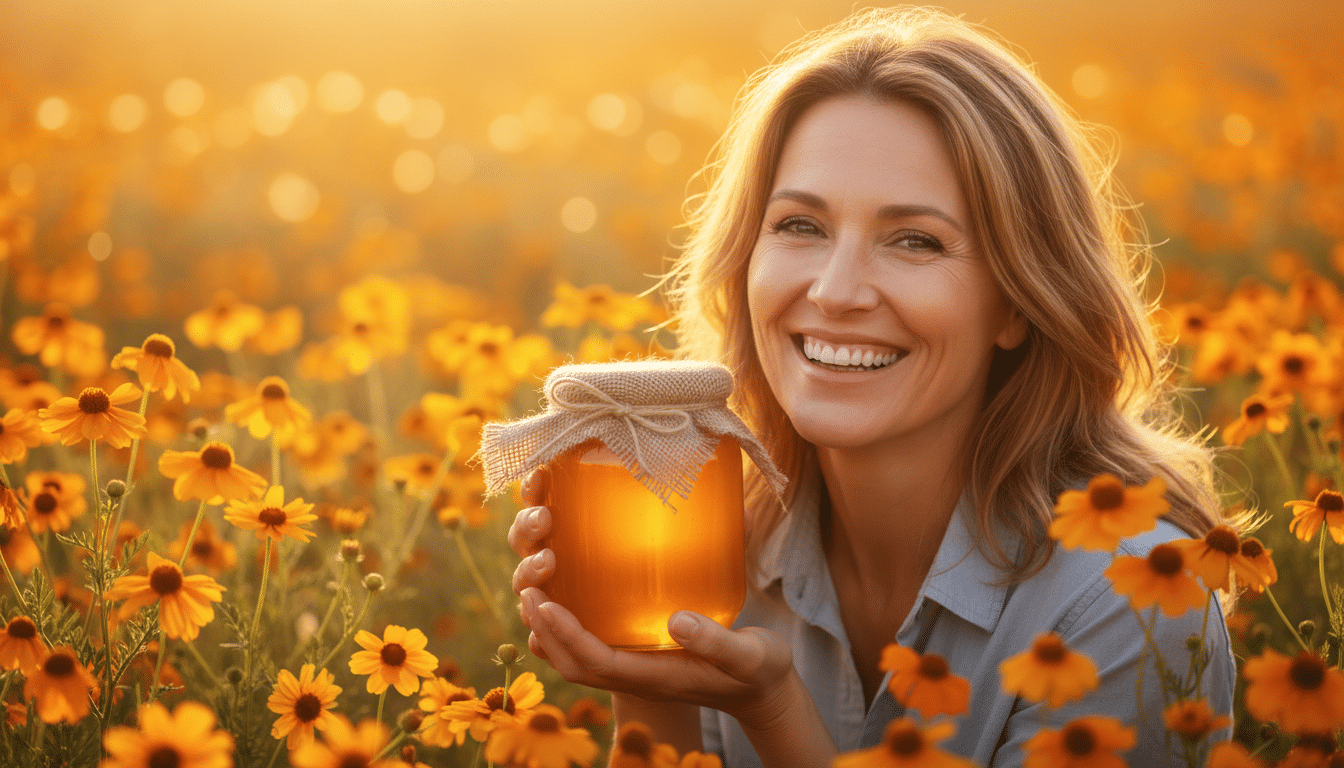 Femme souriante dans un champ de fleurs avec un pot de miel