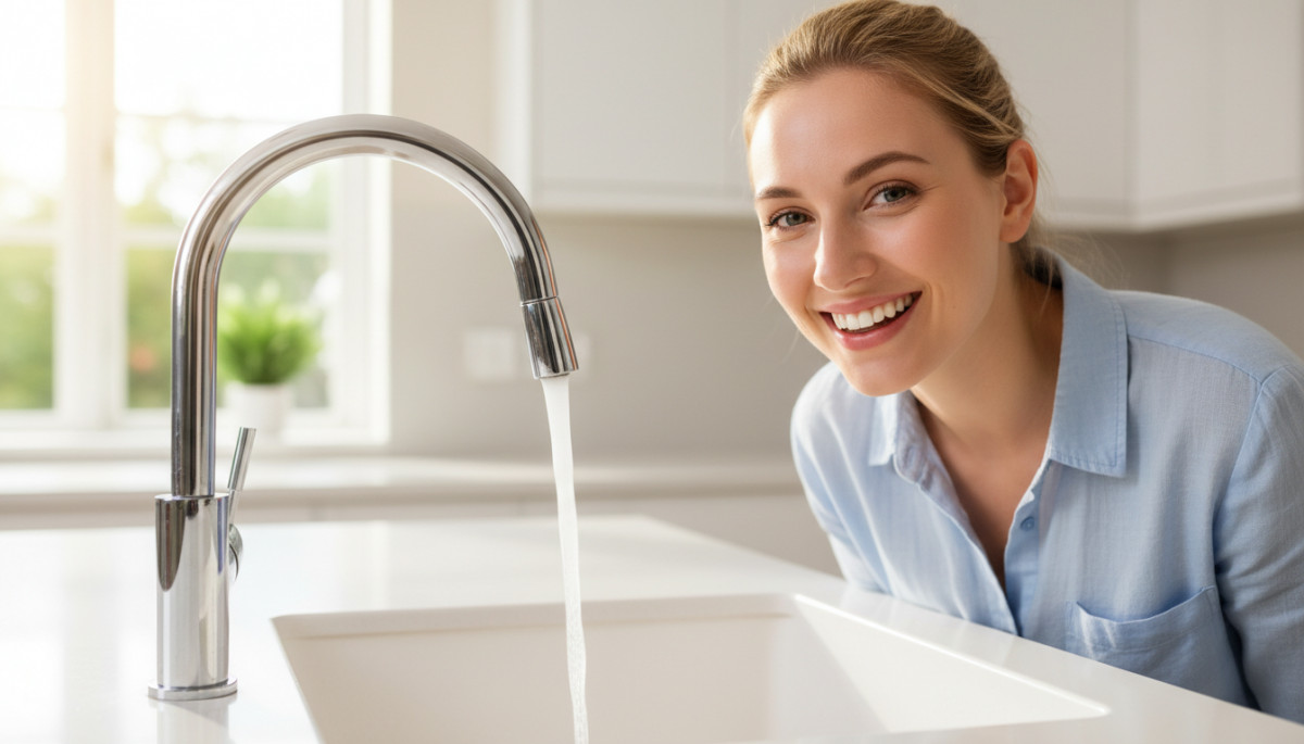 Femme souriante devant robinet de cuisine brillant