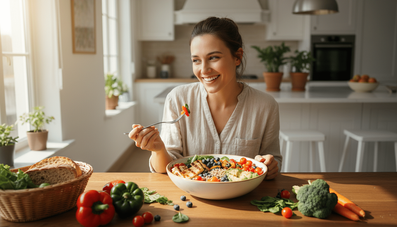 Femme souriante mangeant des aliments sains