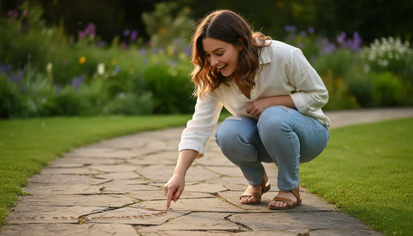 Femme souriante observant des fourmis dans un jardin