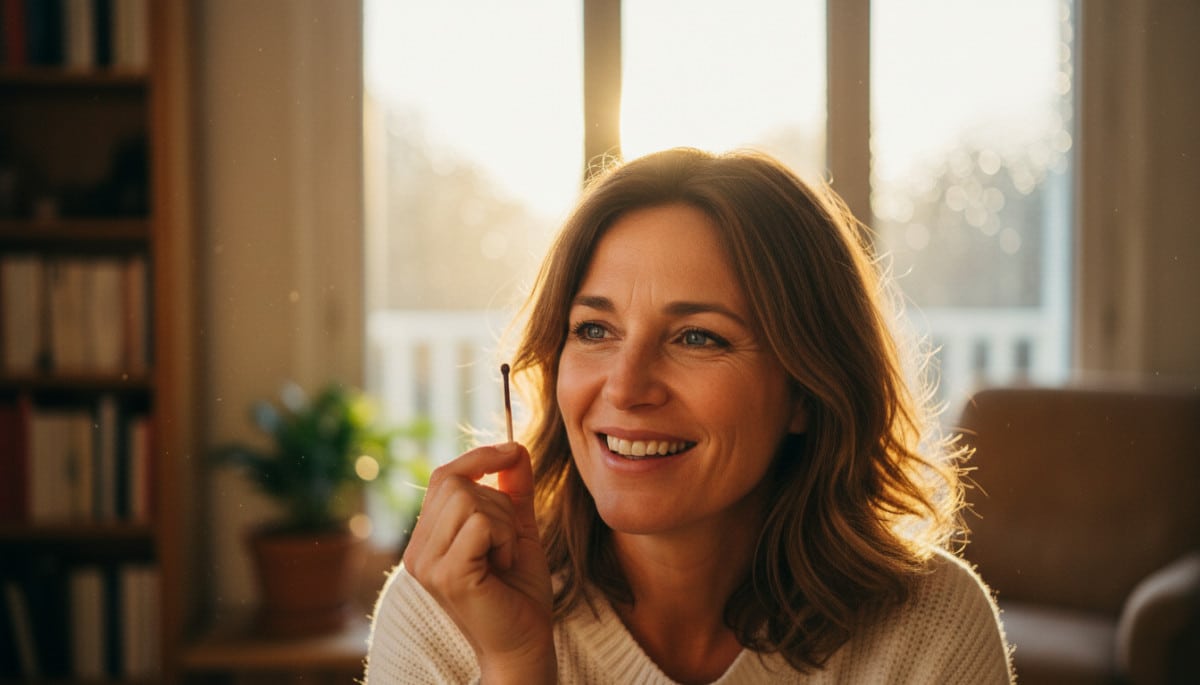 Femme souriante tenant une allumette usagée près d'une vitre