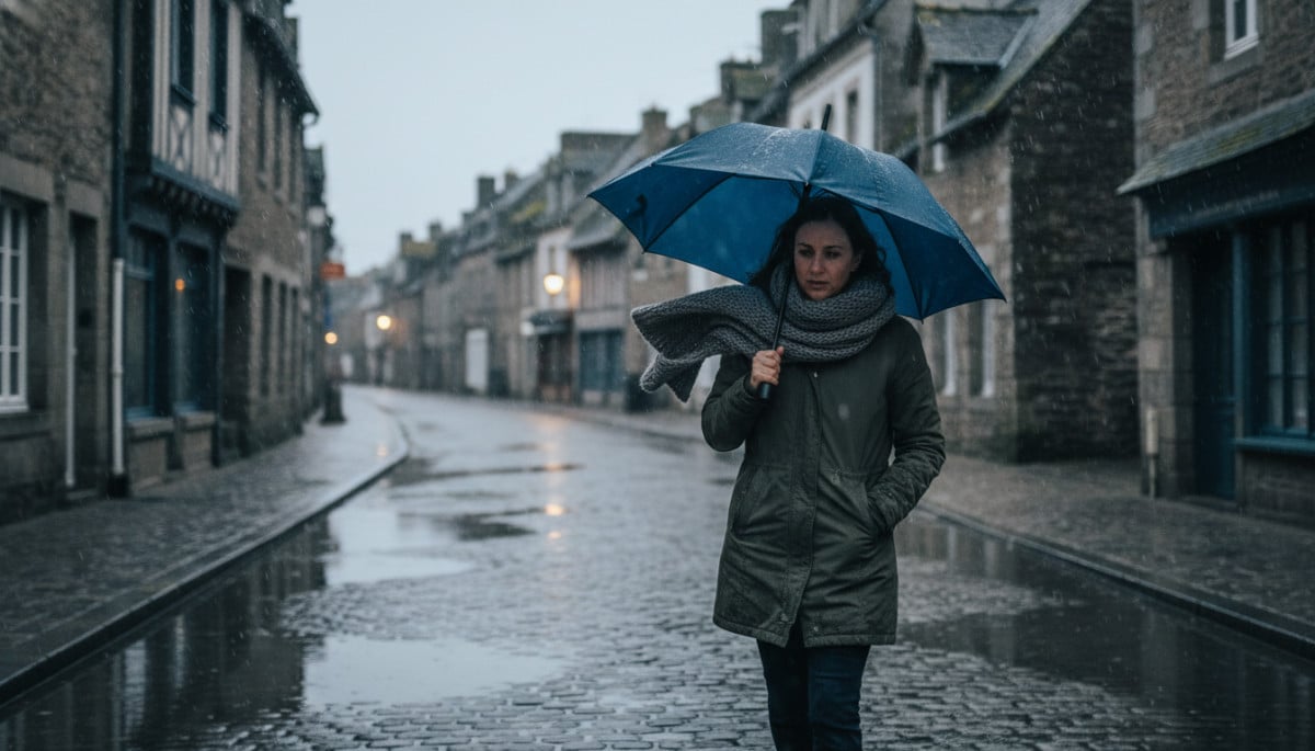 Femme sous la pluie avec parapluie dans une ville du nord