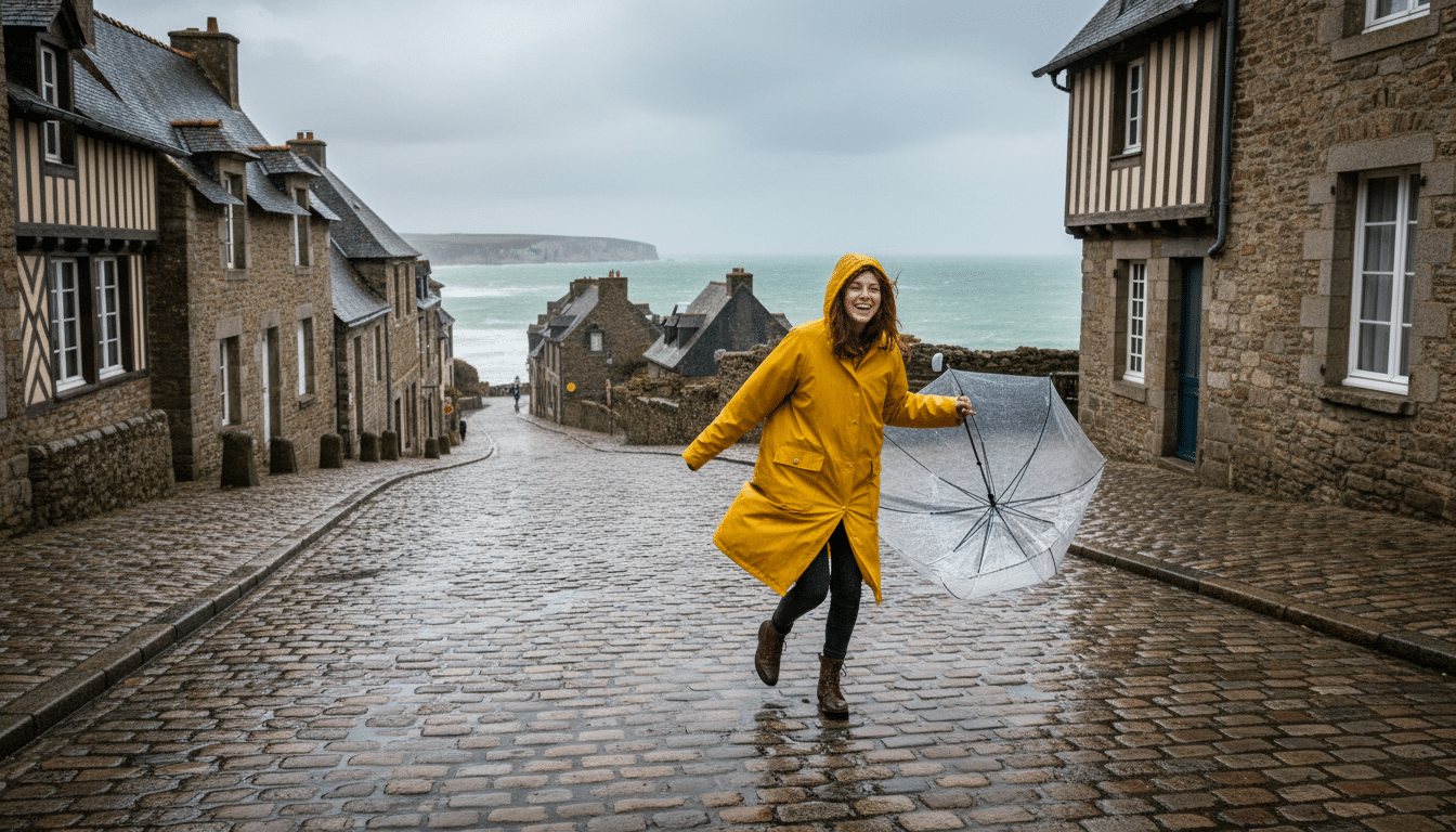 Femme sous la pluie et le vent en Bretagne