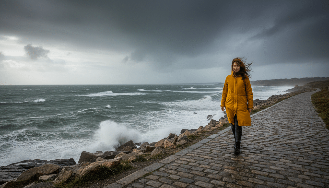 Femme sous la pluie et le vent sur le littoral breton