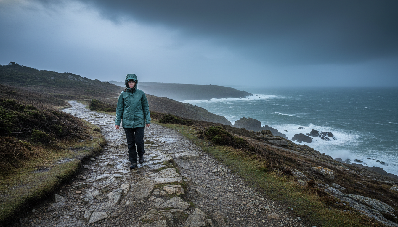 Femme sous la pluie sur un sentier breton gris