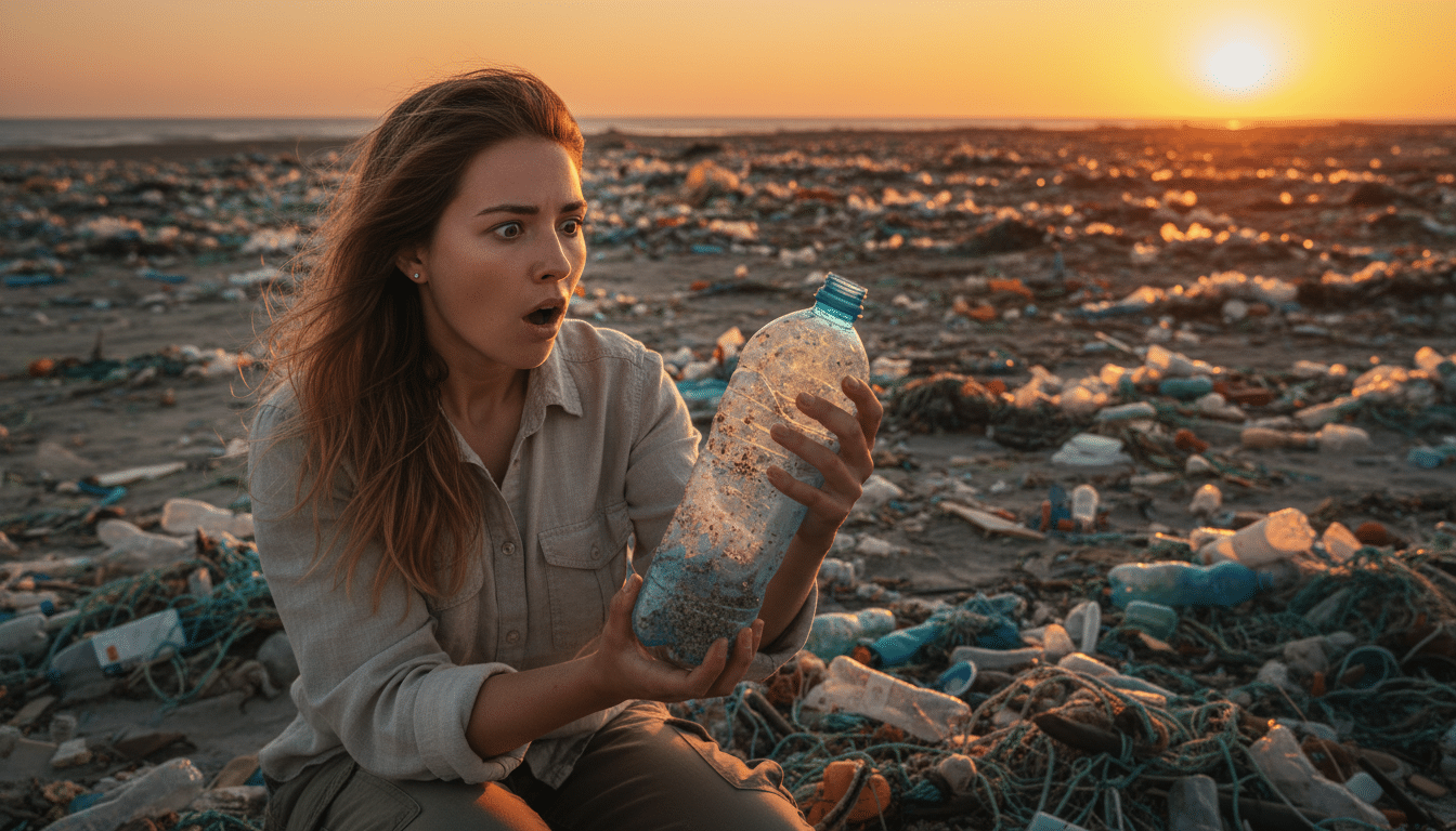 Femme stupéfaite tenant une bouteille plastique sur une plage polluée