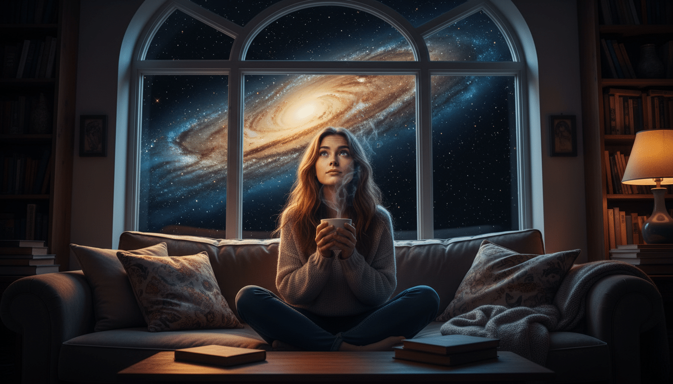 Femme stupéfaite voyant la Voie lactée depuis son canapé