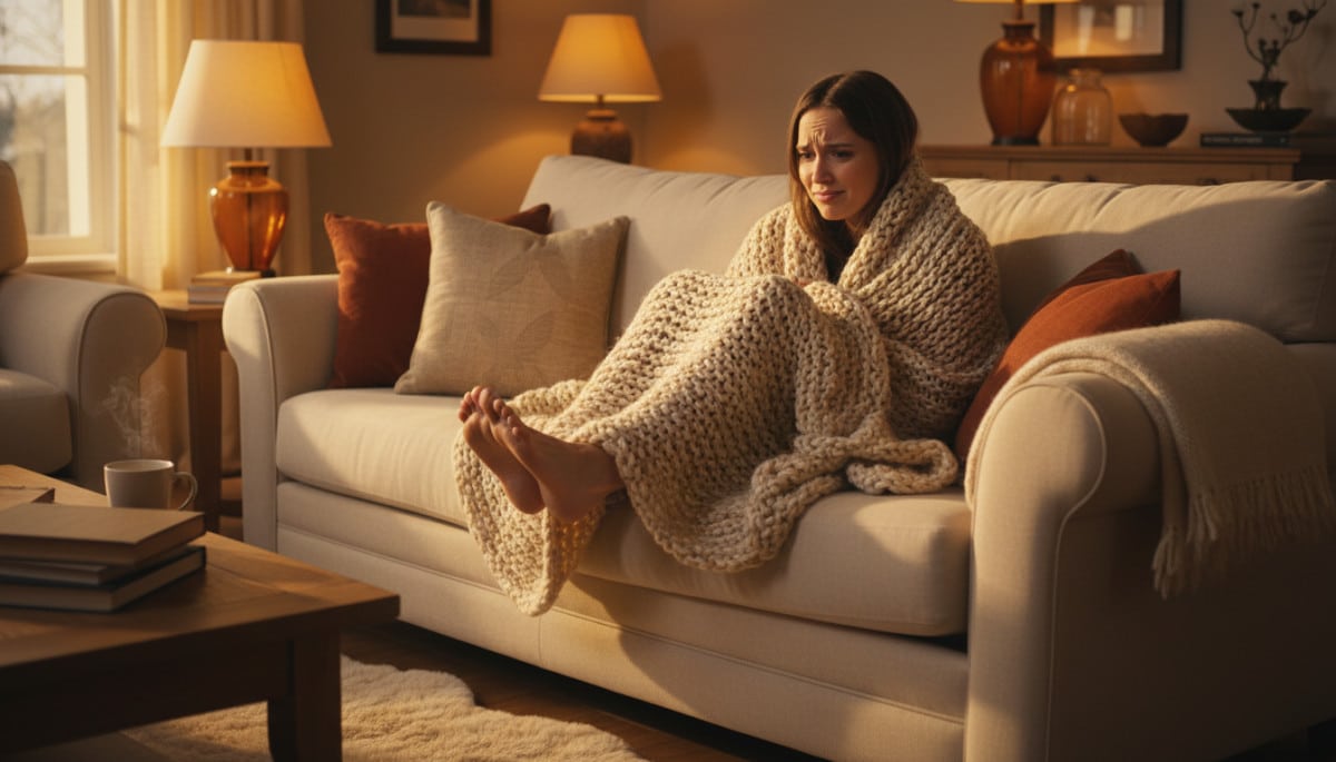 femme sur canapé avec pieds froids et couverture
