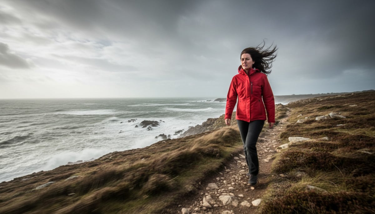 Femme sur un sentier breton sous un vent fort et un ciel couvert