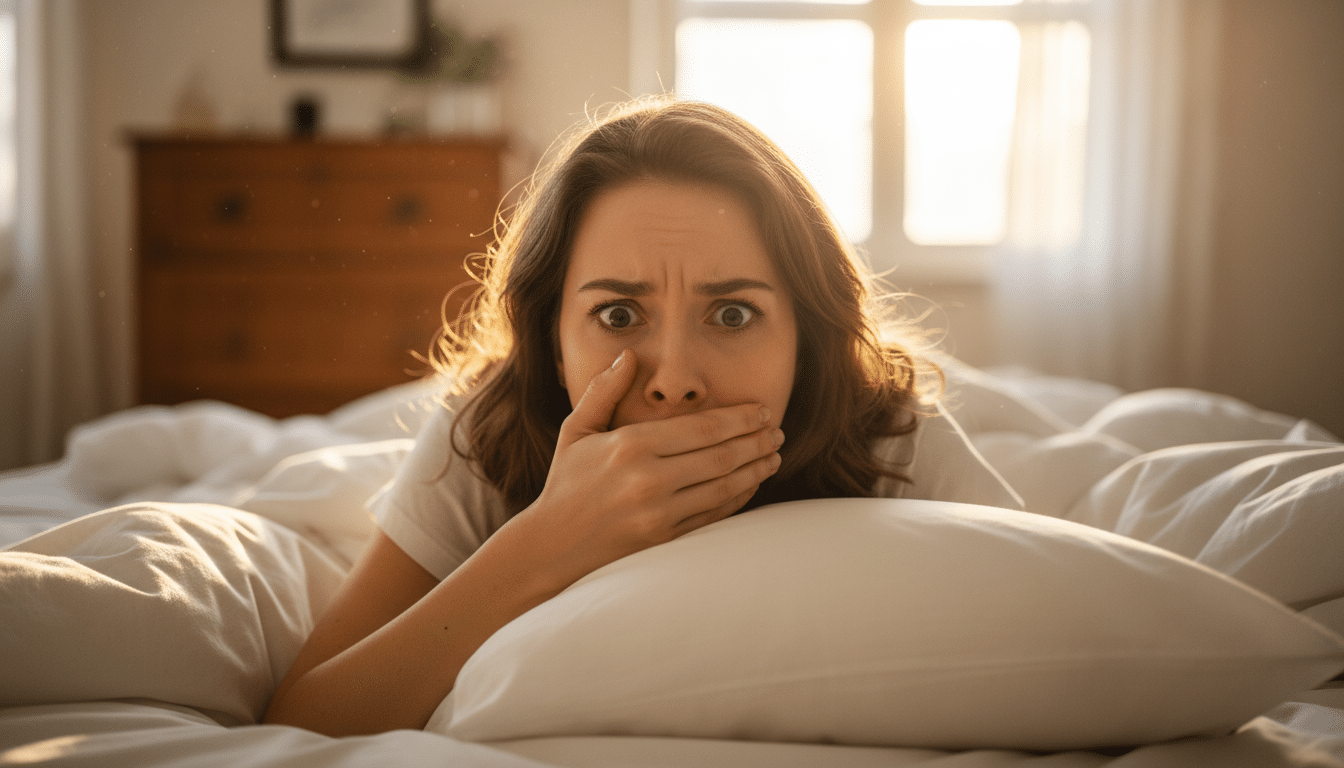 Femme surprise dans son lit main sur la bouche