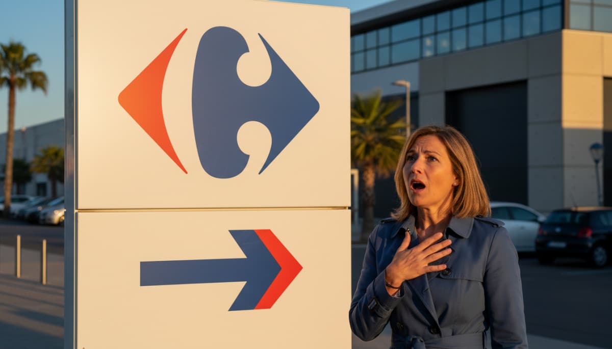 Femme surprise devant l'enseigne Carrefour au logo rouge et bleu