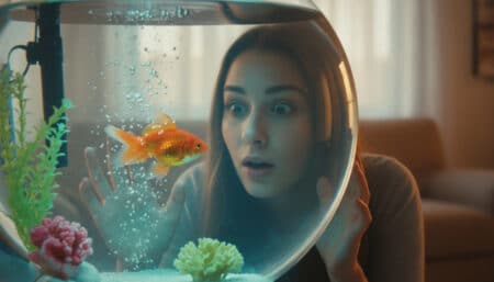 Femme surprise devant un aquarium avec un poisson rouge