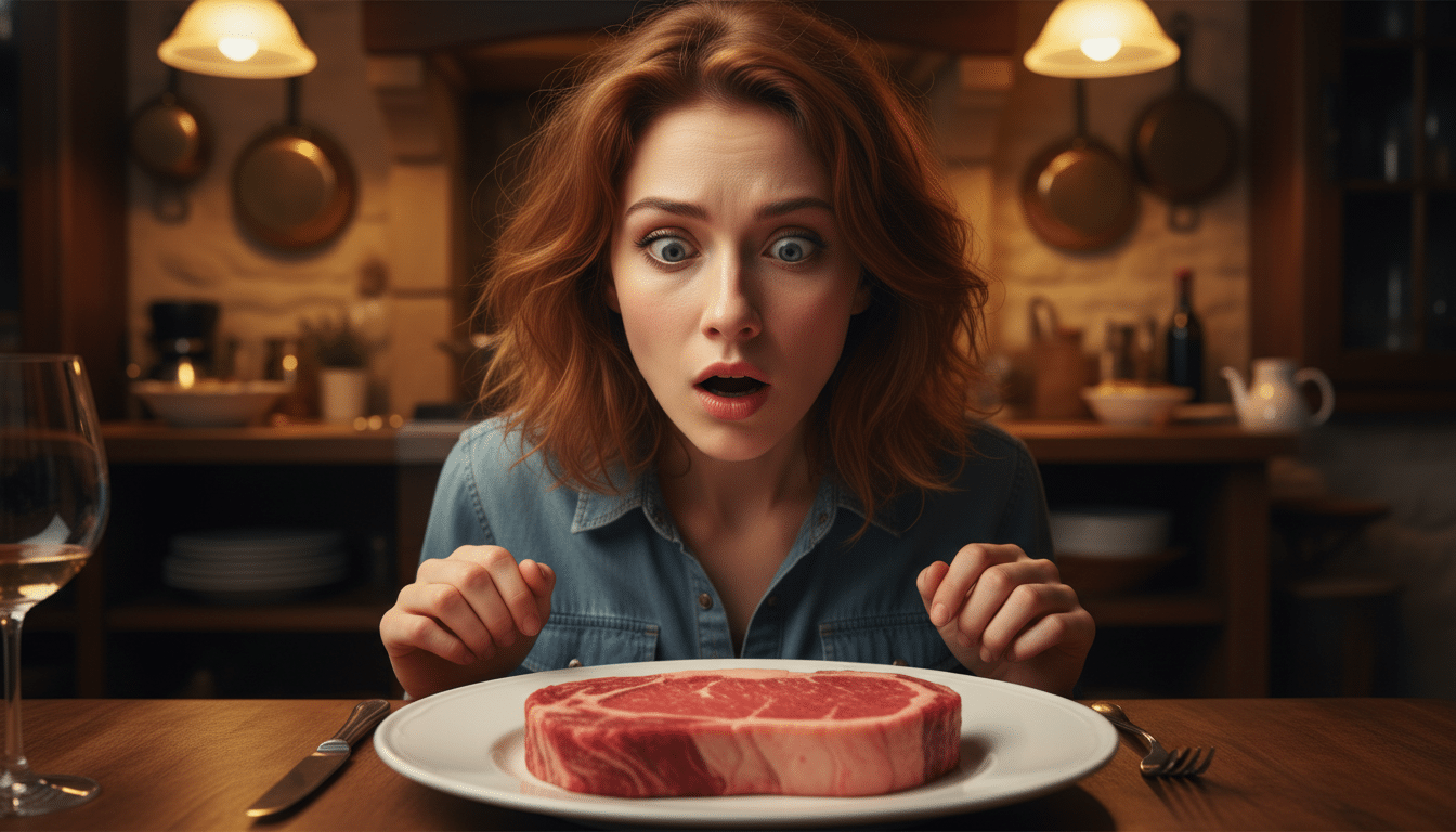 Femme surprise devant un steak de bœuf