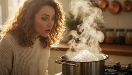 femme surprise devant une casserole d'eau bouillante