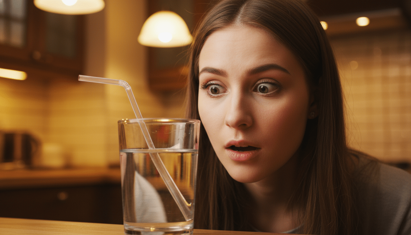 Femme surprise devant verre d'eau avec réfraction