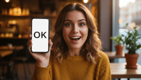 Femme surprise en lisant OK sur son téléphone