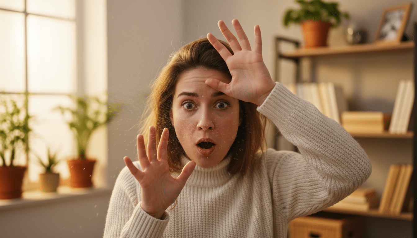 Femme surprise en train d'éternuer yeux grands ouverts