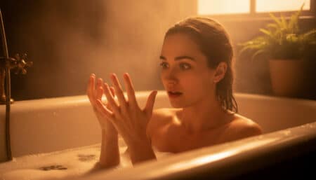 Femme surprise observant ses doigts fripés dans le bain