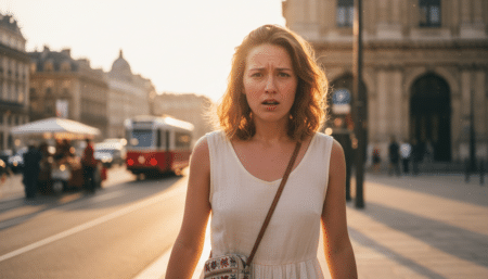 Femme surprise par la chaleur en sortant d'une gare