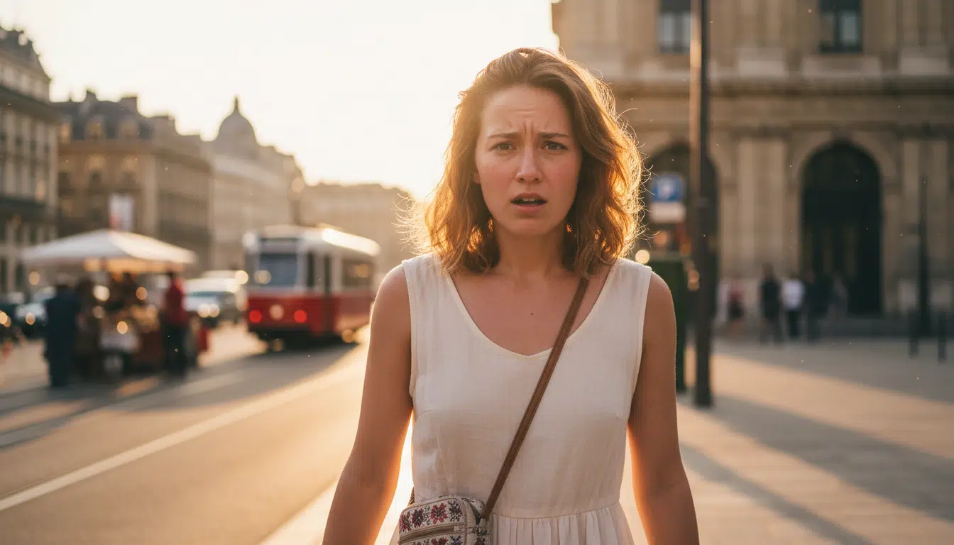 Femme surprise par la chaleur en sortant d'une gare