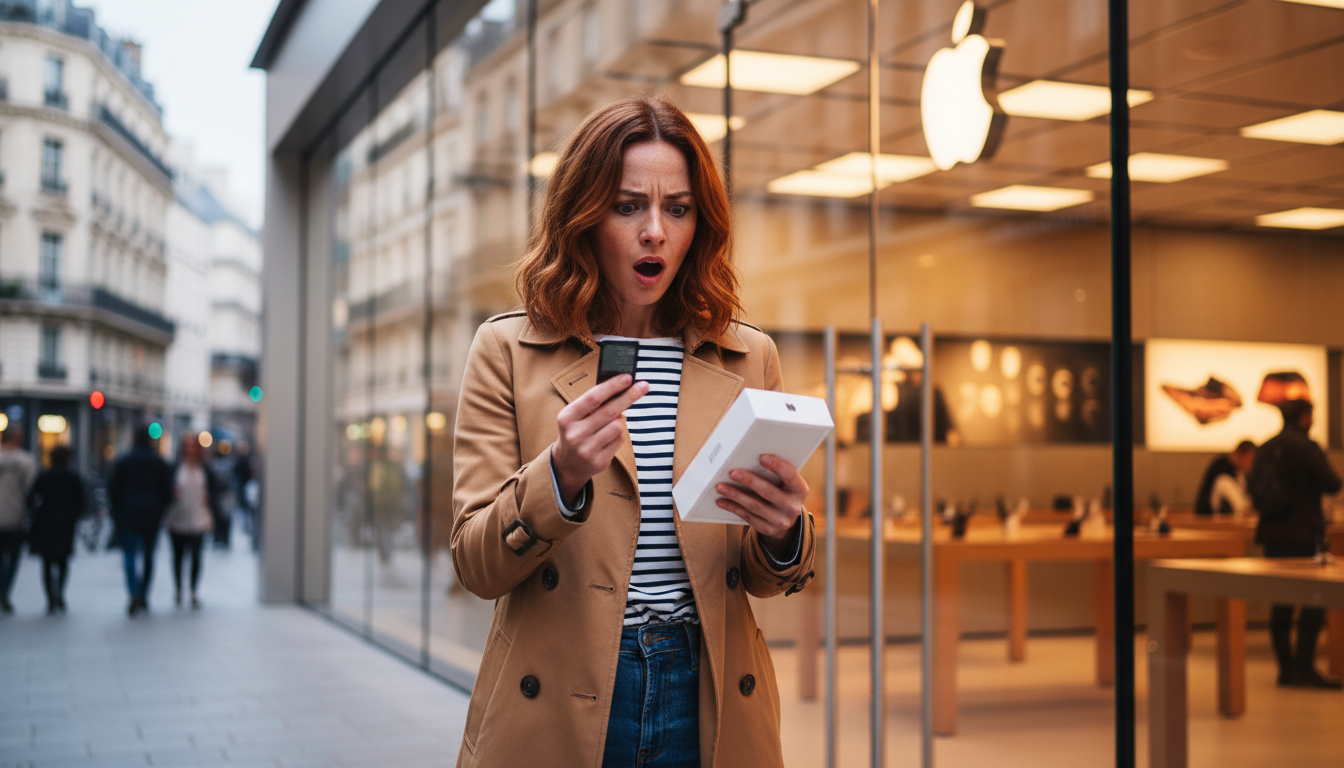 Femme surprise par le prix d'un iPhone en Apple Store