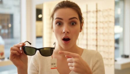 Femme surprise par le prix d'une paire de Ray-Ban