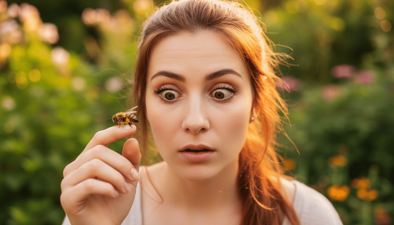 Femme surprise par une abeille posée sur son doigt