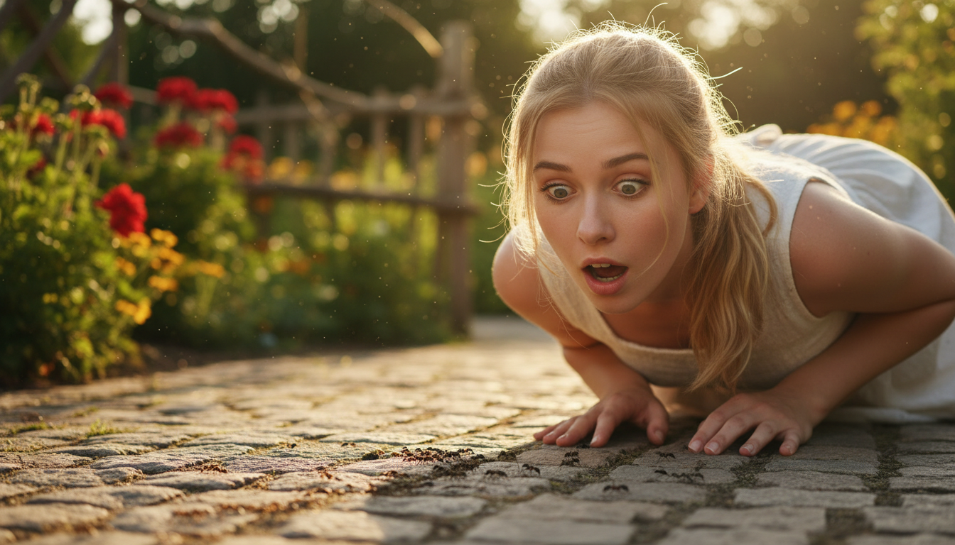 Femme surprise par une colonne de fourmis