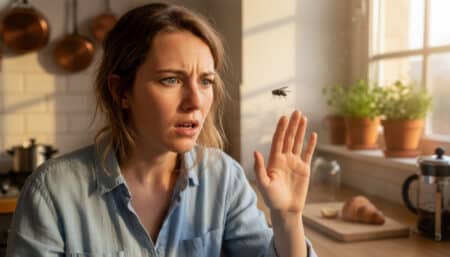 Femme surprise par une mouche dans sa cuisine