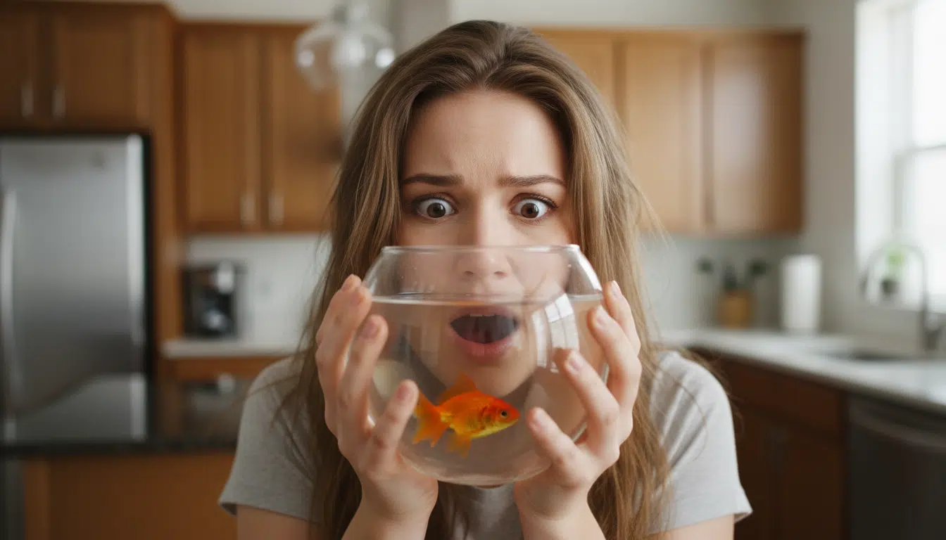 Femme surprise tenant un bocal avec un poisson rouge