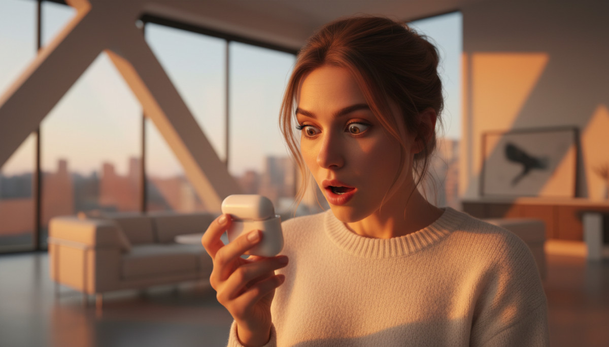 Femme surprise tenant un boîtier AirPods ouvert
