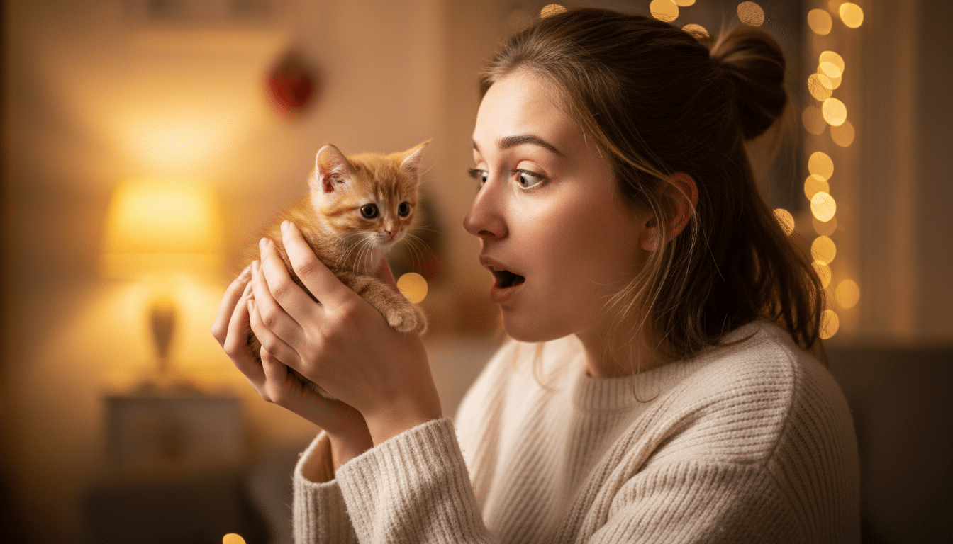 Femme surprise tenant un chaton dans ses mains