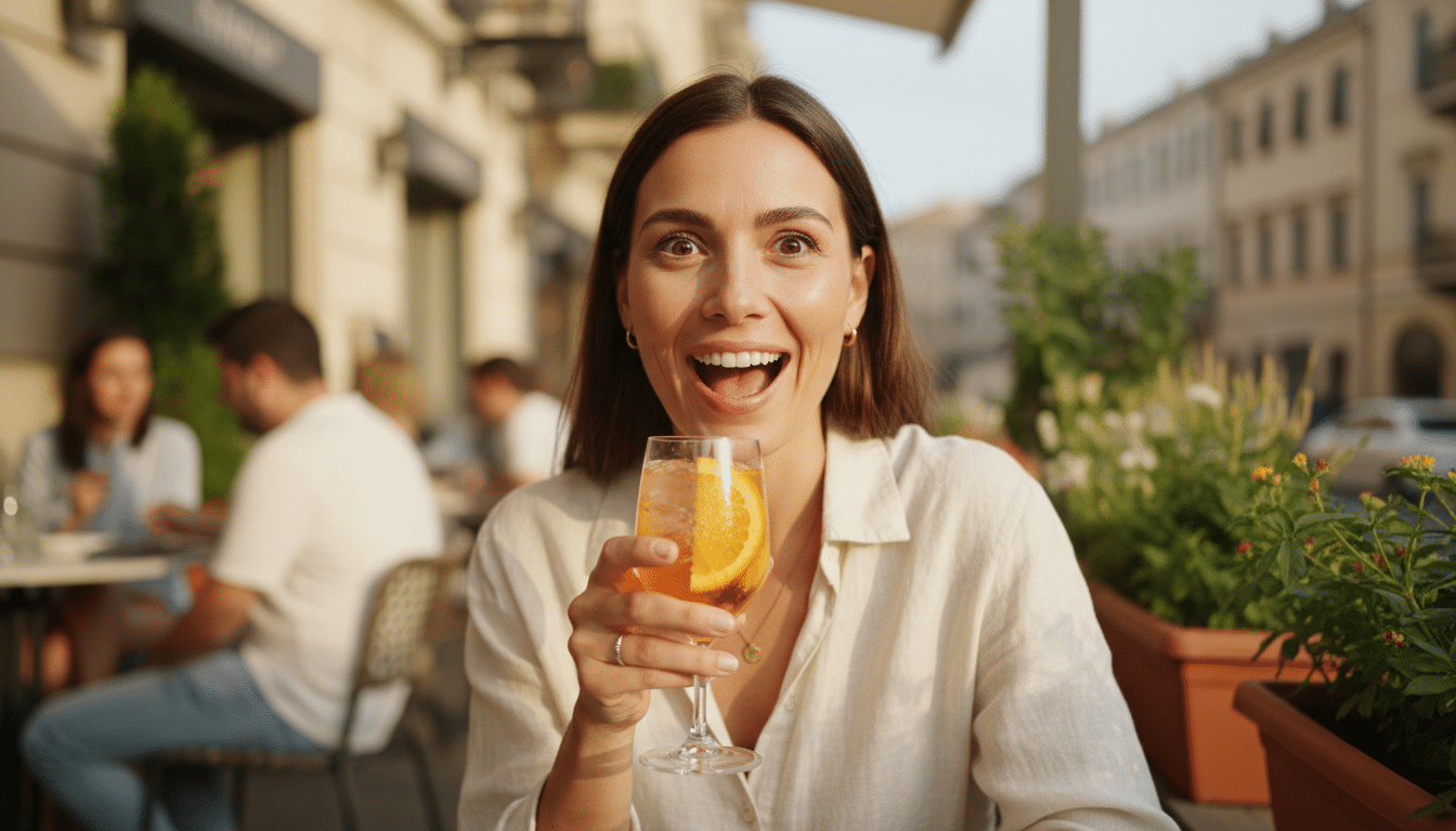 femme surprise tenant un verre de Fanta au café